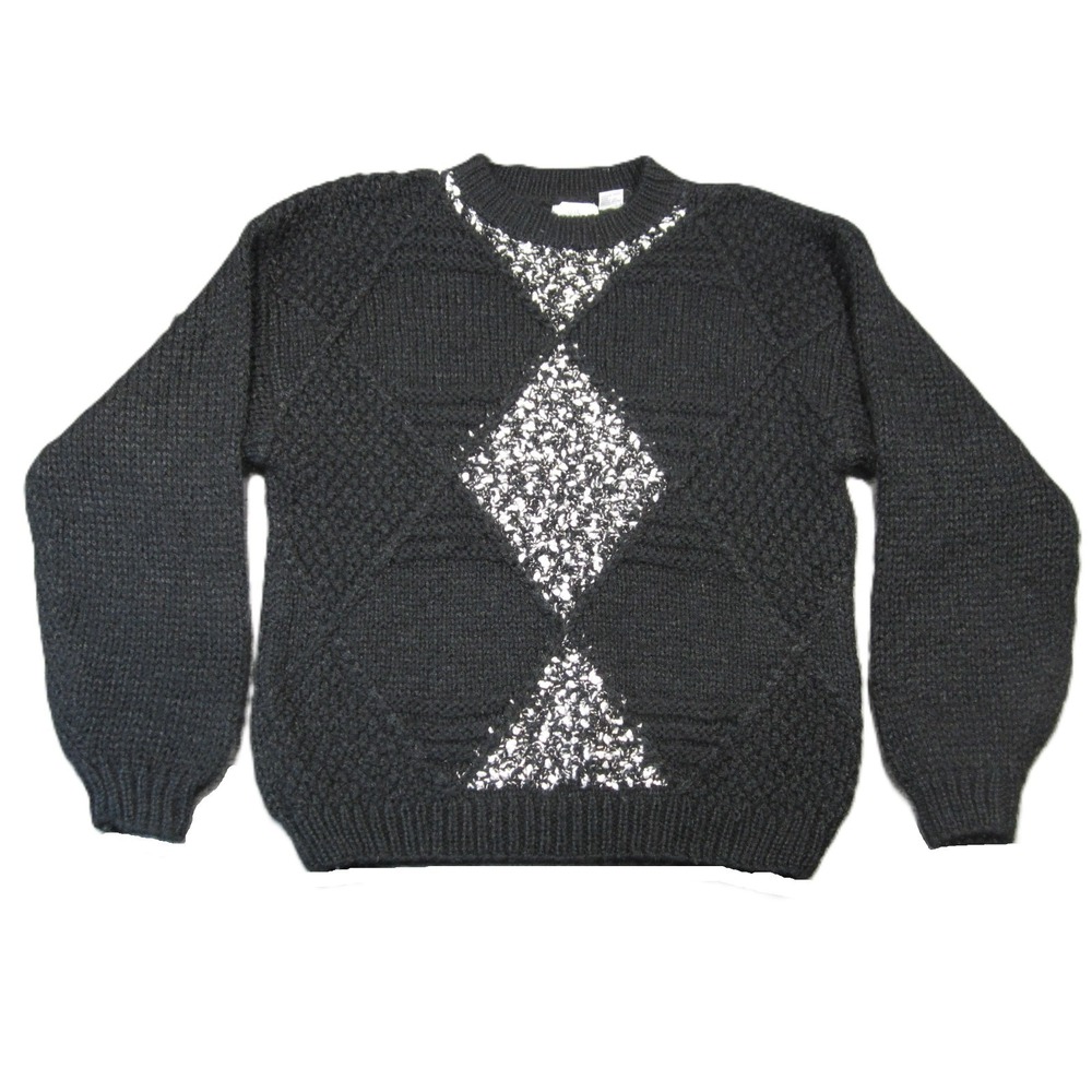 Vtg JJ Cochran Sweater M Black‎ White Diamond 3D Knit Crewneck Grandpa 80s 90s